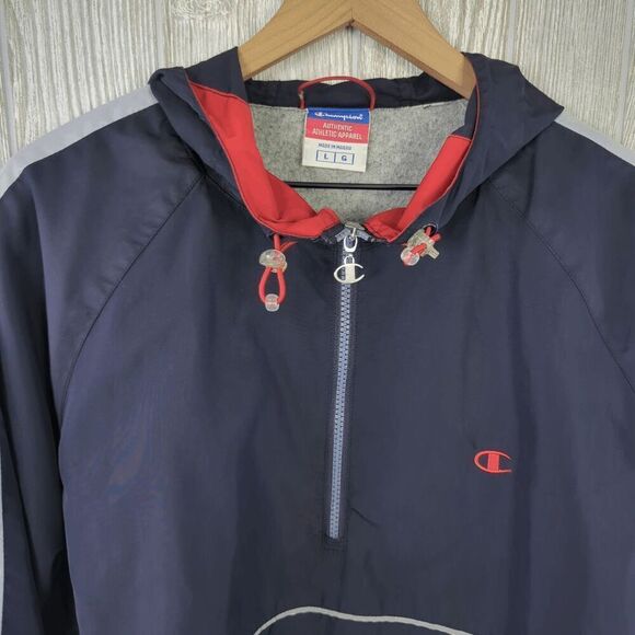 Vintage Rare Champion Windbreaker Quarter Zip Jacket Hooded Reflective Red Black - Picture 6 of 12